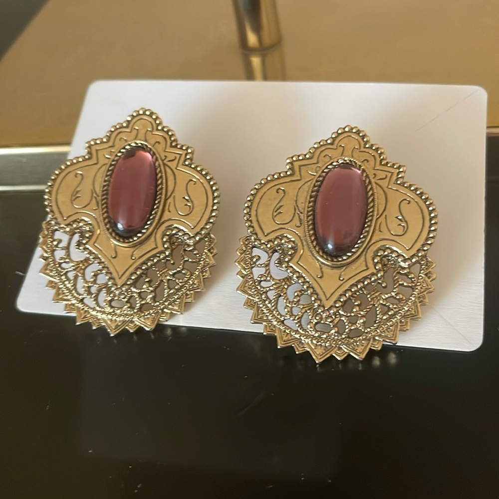 Retro Glam Gold & Purple Boho Clip On Costume Jewelry Earrings Set